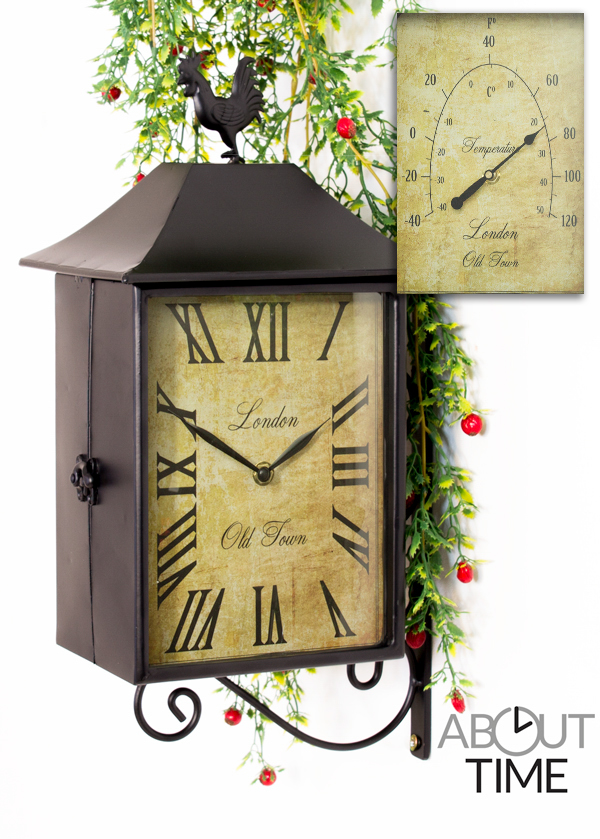 Aap Blijkbaar pak Dubbelzijdige Rechthoekige Tuinklok van About Time™, Stationsklok met Haan  en Thermometer - 42cm € 49,99